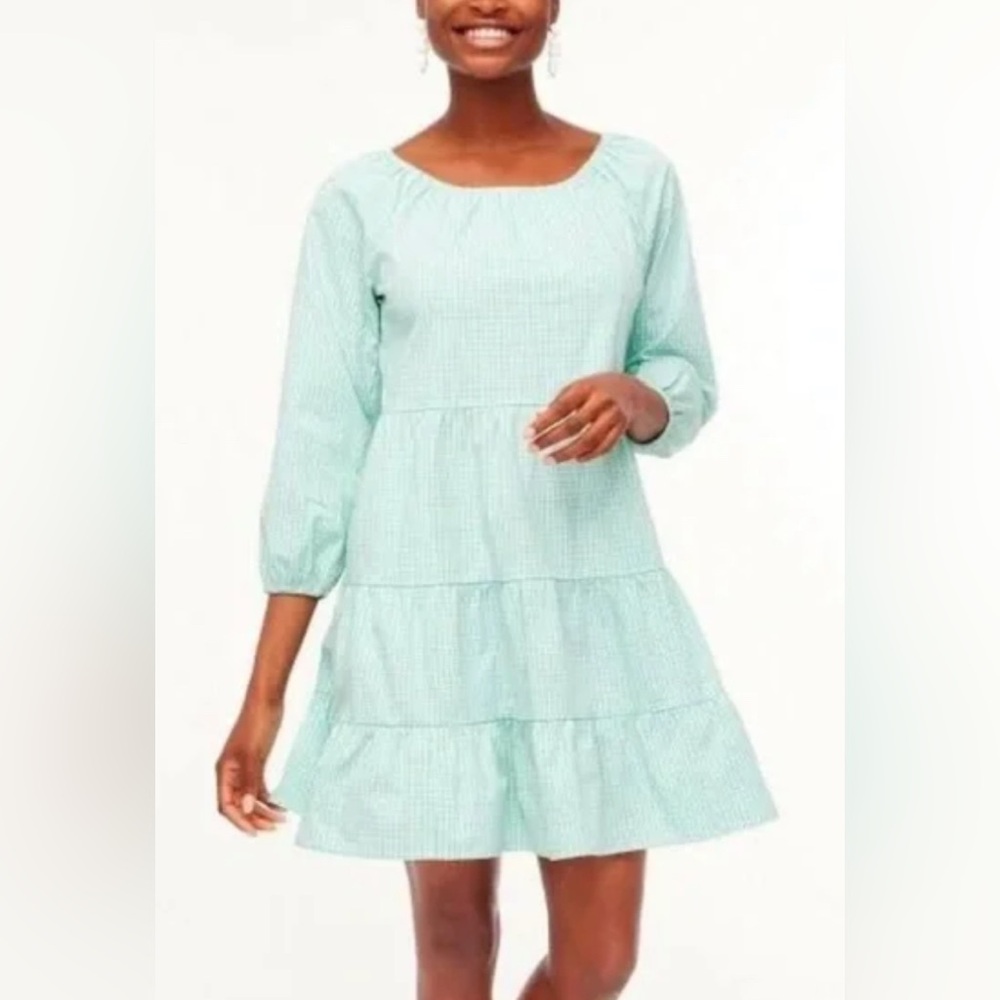 J Crew Factory Women’s Medium Green Gingham Cotton Blend Spring Tiered Dress